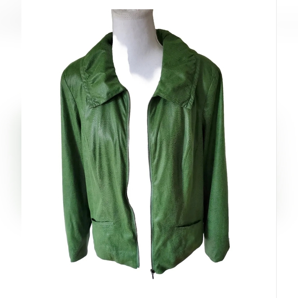 JM Collection Jacket Womens SZ 12 (Large) Green Faux Snakeskin Lightweight Zip - Picture 5 of 11
